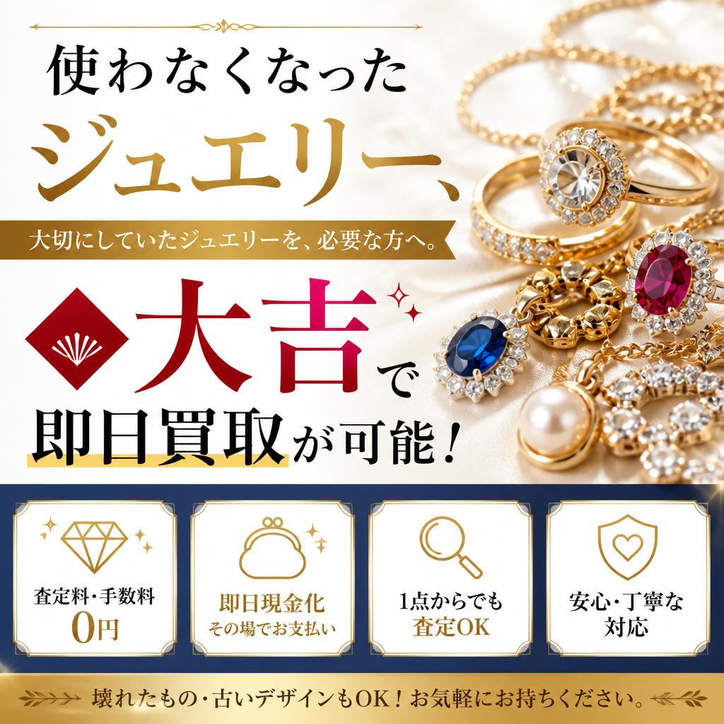 使わなくなったジュエリー、大吉で即日買取が可能！