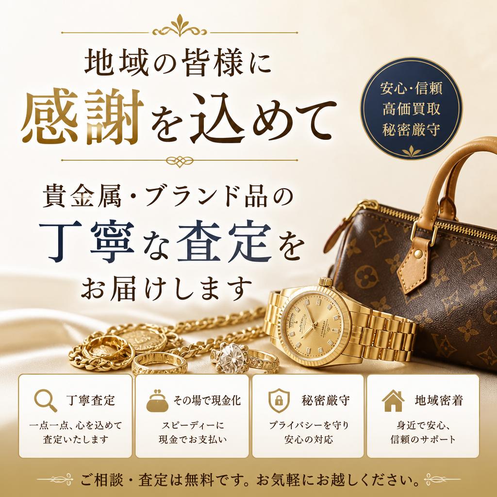 地域の皆様に感謝を込めて、貴金属・ブランド品の丁寧な査定をお届けします
